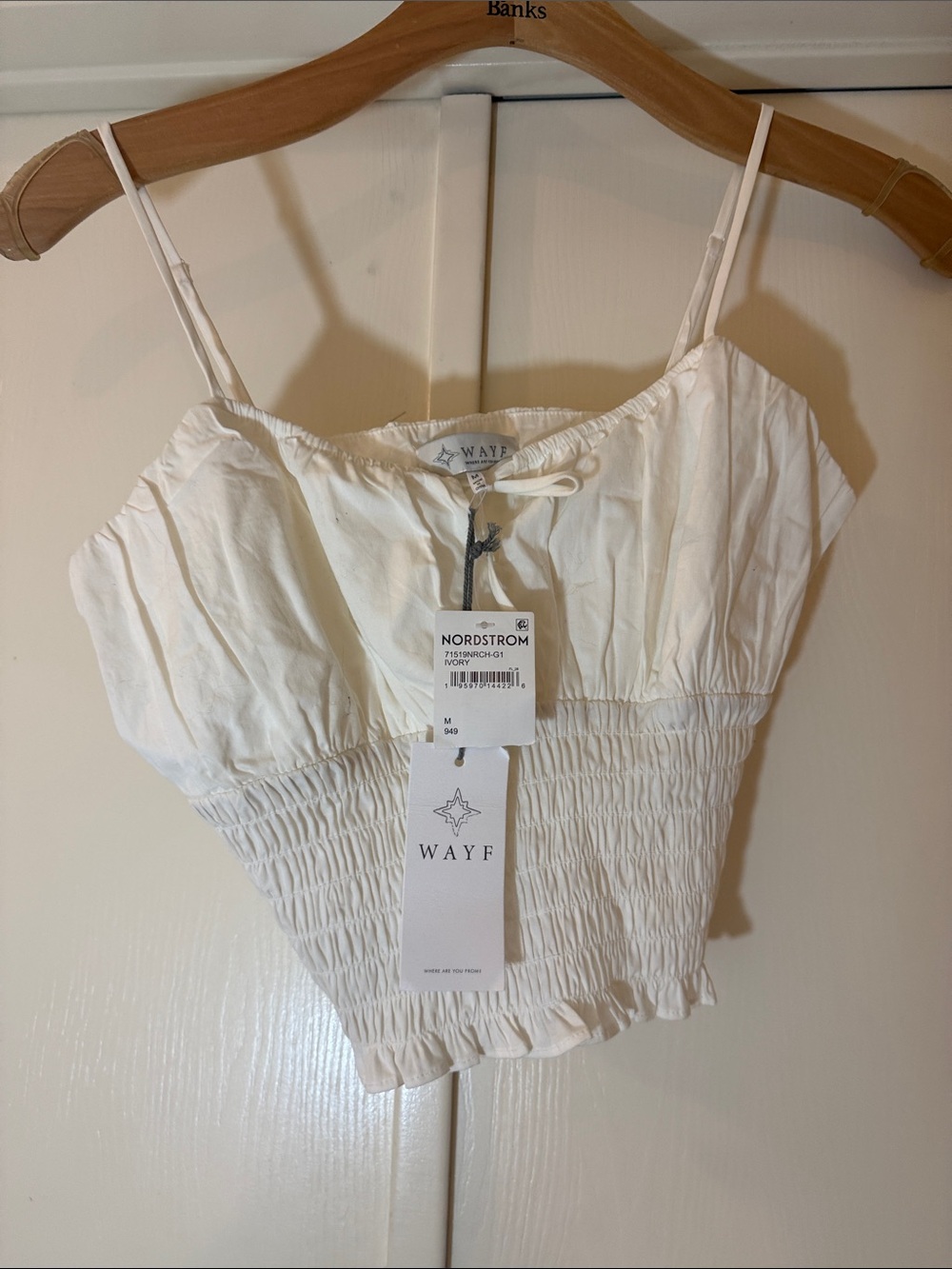 WAYF Cream Smocked Cropped Cami with Spaghetti Straps